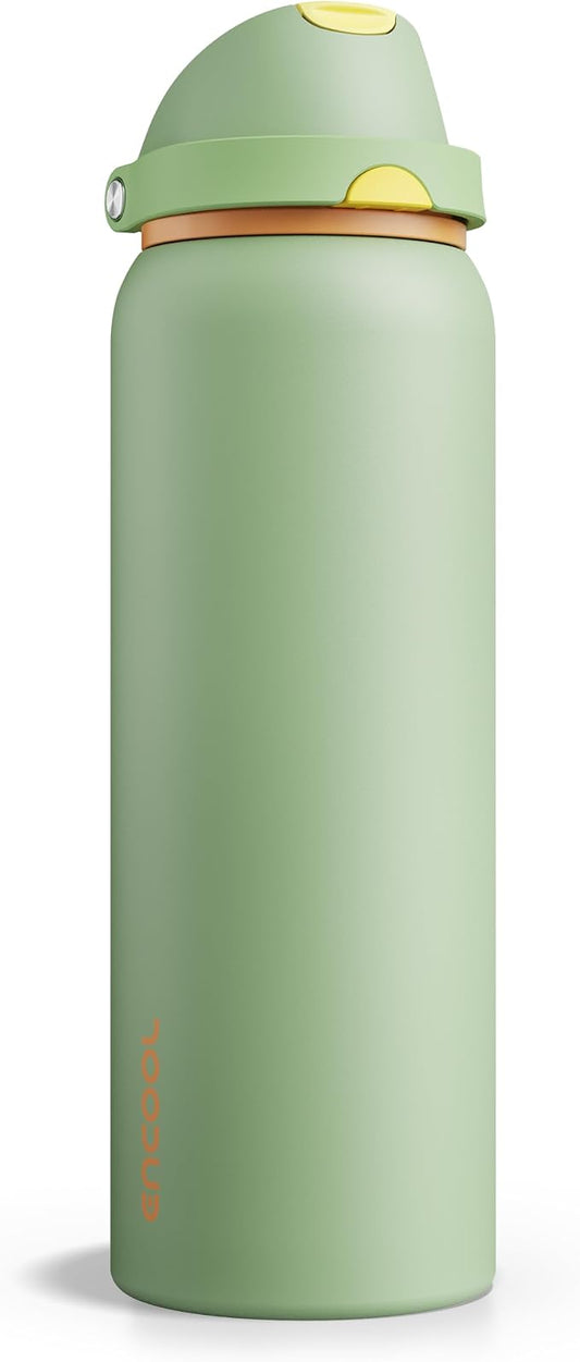 Insulated Water Bottle with Straw - Encool Stainless Steel Water Bottle with Push Button Lid, Leak-Proof & BPA-Free, Keeps Cold for 24 Hours for Sports, Travel, Gym (40 oz, Lichen-Yellow)