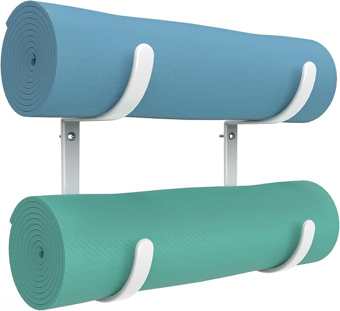 Yoga Mat Holder Wall Mount，No-Tie Mat Storage Rack With Rubber Coating | for Exercise Mat，Pilates Mat，Hanging Foam Roller and Home Gym Equipment Accessories