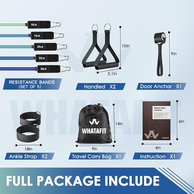 WHATAFIT Resistance Bands, Exercise Bands with Handles, Workout Bands for Working Out, Fitness Bands Set for Home Gym Full Body Strength Training, Muscle Tone, Yoga & Stretching