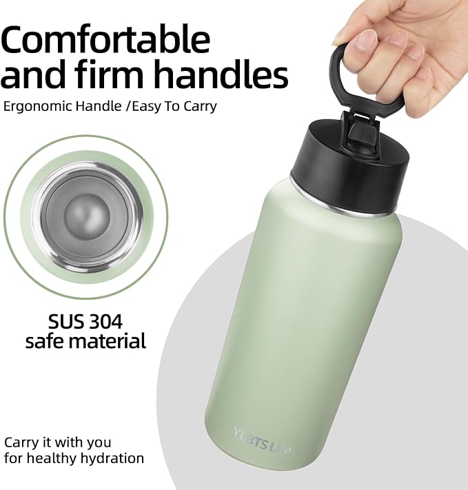 Insulated Water Bottle With Straw,32 oz Vacuum Insulated Stainless Steel Sports Water Flask,Keeps Cold and Hot,Metal Water Bottle Wide Mouth for Gym Travel Camping (Green tea)