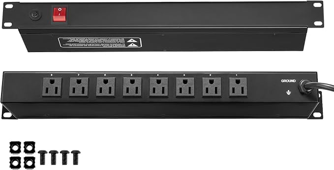 VEVOR 8 Outlet Horizontal 1U Rack Mount PDU Power Strip for Network Server Racks, Surge Protection & Overload Protection, 110-125V/15A, with 6ft 14AWG Power Cord