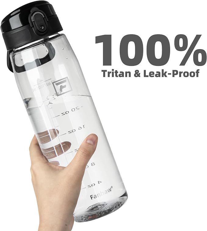 Fanhaw 32 oz Clear Plastic Water Bottle, BPA Free Leakproof Tritan Sports Water Bottle with Chug Lid, Wide Mouth Reusable Bottle for Gym, Travel, School & Office (Clear & Black)