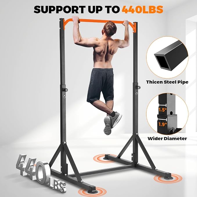 Pull Up Bar Station, Heavy Duty Chin Up Pullup Bars Free Standing Home Gym | 92" Adjustable Height, 440lb Capacity, 39.1" Wide Strength Training hanging Bar for Exercise, Outdoor Indoor Workout Fitness