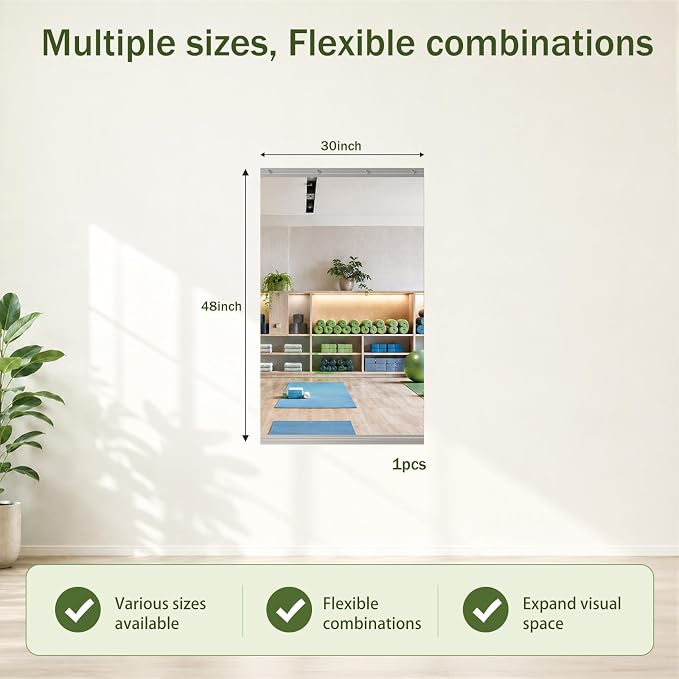 Home Gym Mirror, 48"x30"-1 PCS Gym Mirrors for Wall, Frameless, Tempered Glass, Large Workout Wall-Mounted Mirrors for Home Gym, Dance Studio, Yoga Room, Garage Gym, Silver
