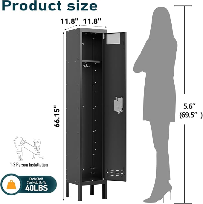 BUTISOW Metal Storage Locker with Lock & Card Slot Locker - Secure Lockable Door - Steel Locker for School, Office, Gym, Home - 66.15" H x 11.8" W x 11.8" D（1 Door, Black）