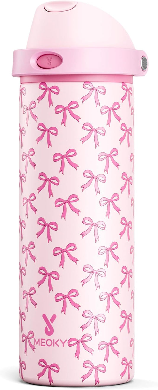 24 oz Insulated Water Bottle for Women: Meoky Stainless Steel Metal Water Bottle with 2-in-1 Straw and Spout Lid - Leak Proof, Cold for 24 Hours, Protective Silicone Base, BPA-Free for School, Bow