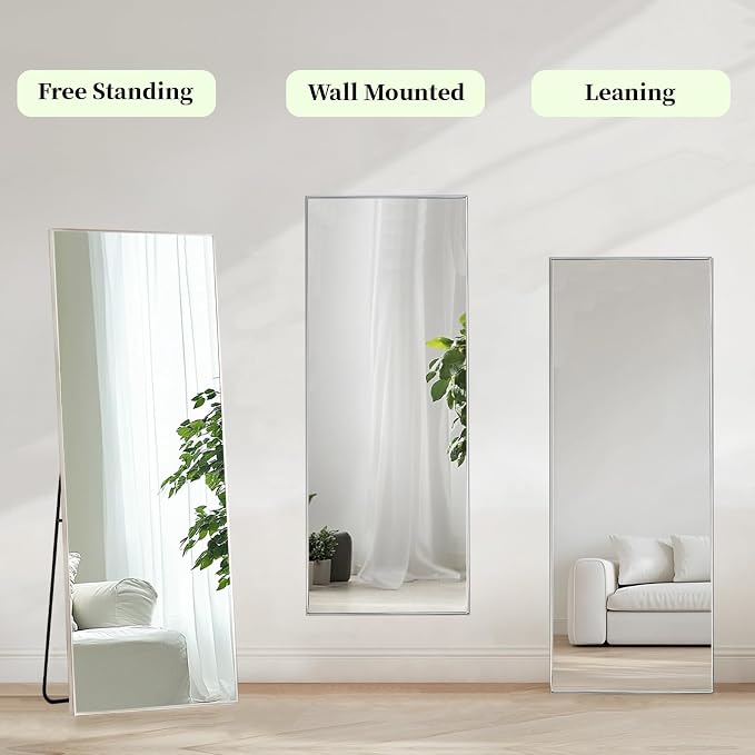 Standing Mirror Full Length, 56x18 inch Silver Floor Length Mirror | Nickel Brushed Metal Frame, No Distortion, Silver Body Mirror for Bedroom, Living Room, Entryway, Bathroom, Dressing room