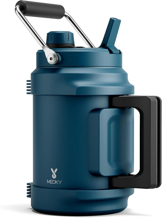 64 oz Insulated Water Bottle for Gym: Meoky Triple Wall Vacuum Stainless Steel Half Gallon Water Jug - Top and Side Handles, 2-in-1 Straw and Spout Lid, Cold for 36 Hrs, Leak Proof for Camping (Denim)
