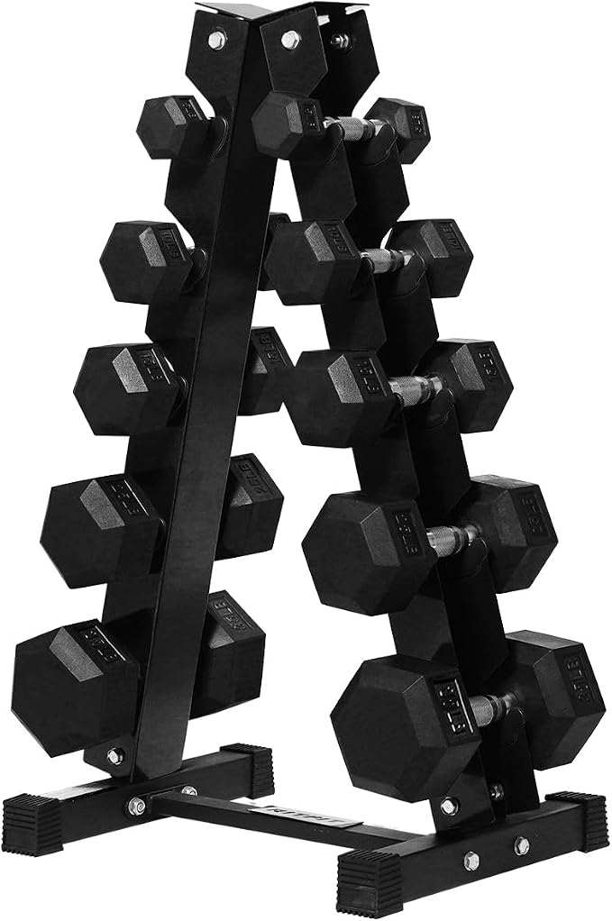 RitFit Rubber Hex Dumbbell Set with Storage Weight Rack | Rubber Heavy-Duty Coated Cast Iron, Knurled Chrome Handle, Space-Saving Storage for Home Gym Strength Training