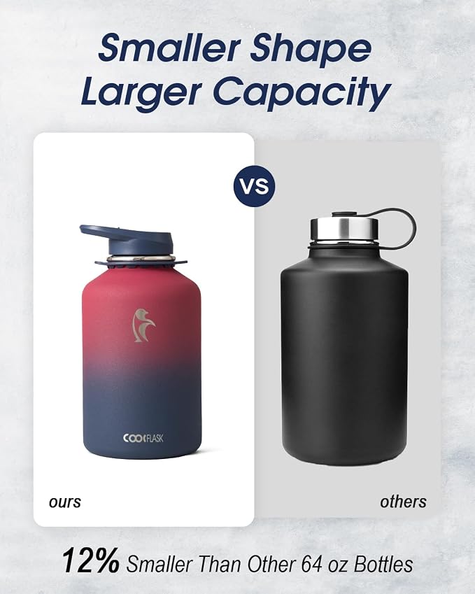 Coolflask Half Gallon Water Bottle Insulated Stainless Steel with Strap | 64 oz Large Water Jug with Straw & Spout Lids,Triple-Wall, Cold 48+h,Dishwasher Safe, Leakproof, BPA-Free,for Gym & Hiking