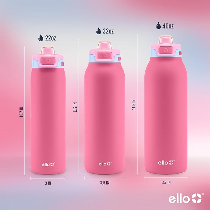 Ello Pop & Fill Insulated Stainless Steel Water Bottle with Quick Fill Lid, Leakproof Locking, Sip or Chug Spout, BPA-Free, Double Wall Vacuum Insulated for Sports, Travel & School- 22oz / 32oz / 40oz