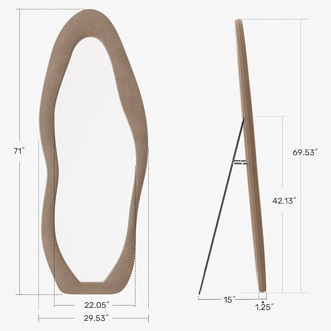 Full Length Mirror, 71"x30" Wavy Full Body Mirror Flannel | Flannel Floor Mirrors with Stand, Irregular Wavy Mirror Hanging or Leaning Against Wall for Bedroom Living Room, Brown