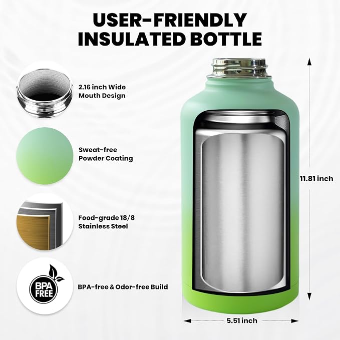 RAYMYLO One Gallon Water Bottle Insulated, Triple Walled Vacuum Stainless Steel (Cold for 48 Hrs), Leak Proof & Non-BPA, Large Water Flask Jug with Paracord Handle & Straw Spout Lids
