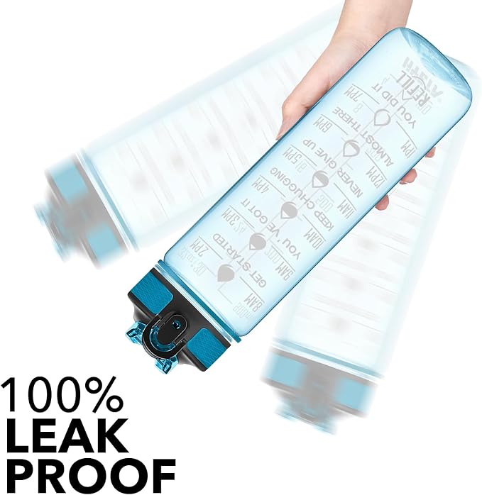 Hyeta Water Bottle with Straw & Time Marker, Plastic 32oz Leakproof | Motivational Tritan BPA Free Gym Office Outdoor Intake Tracker Hourly Reminder Straw Lid Carry Strap