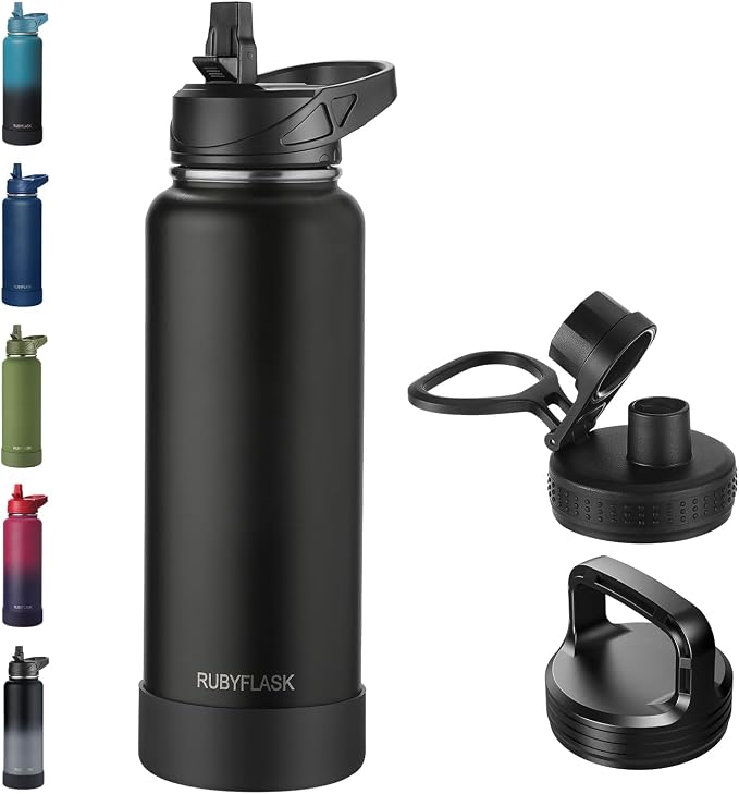 RUBYFLASK 40oz Insulated Water Bottle with Straw, Stainless Steel Metal Vacuum Water Flask, Large Thermal Water bottle with Leakproof 3 Lids for Travel, Camping, Gym Sports Black | 3 Lids, Wide Mouth, Metal Vacuum Leakproof Water Jug Flask and Handle, ...