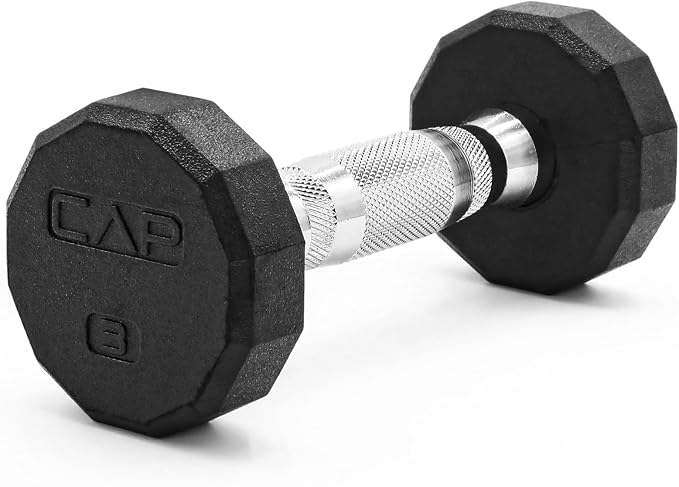 CAP Rubber Coated Dumbbell Weights, Free Weights for Home Gym Strength Training, Anti-Roll Hex Dumbbells with Black, Chrome & Comfort Grip Handles, Singles