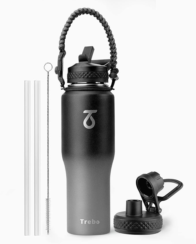 Trebo 32 oz Water Bottle Insulated Fits in Any Car Cup Holder with 2 Lids | Stainless Steel T-shape Tumbler with Paracord Handle, Triple Wall Vacuum Copper Plated, Cold 48 Hrs for Travel, Leakproof