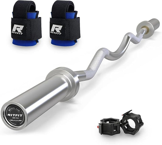 RitFit 2 Inch EZ Curl Bar Olympic Barbell with Weight Plates & Collar | 4FT EZ Curl Bar with 35LB Weight Plates, Collars for Bicep, Tricep Workout, Weightlifting, 350LBS Weight Capacity