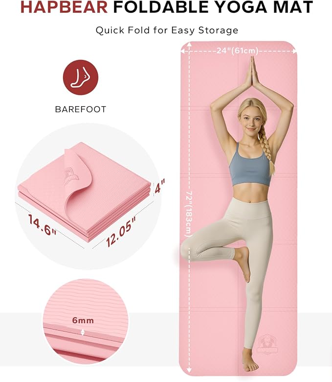 HAPBEAR Foldable Yoga Mat - 72"x24"x0.24" (6mm), Non-Slip TPE Exercise Mat | Ideal for Home Workout, Yoga, Pilates, Stretching & Travel, Durable & Eco-Friendly, Includes Carry Bag