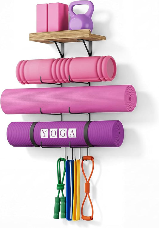 Bikoney Yoga Mat Holder Wall Mount Yoga Mat Storage Home Gym Accessories with Wood Floating Shelves and 4 Hooks for Hanging Foam Roller and Resistance Bands Fitness Home Gym Carbonized Black