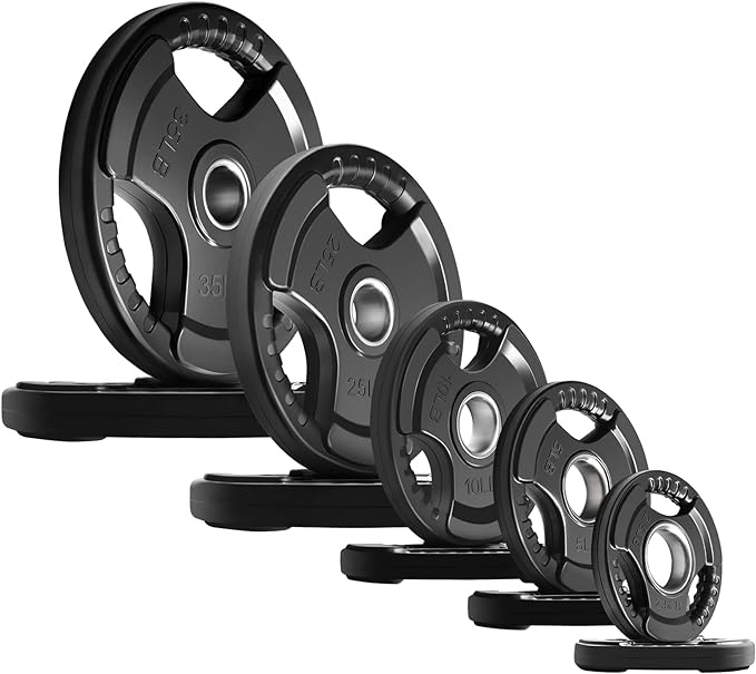 RitFit Olympic Rubber Grip Weight Plates, 2-Inch Barbell Set | Solid Iron Core, Rubber Coated, 2-Inch Olympic Bar Compatible, 3-Hole Grip, 2.5LB to 45LB Weight Options