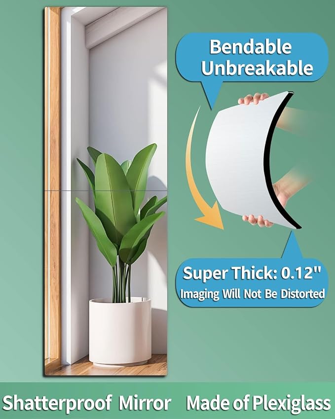 Unbreakable Acrylic Full Length Mirror for Wall Mounted, Full Body Mirror for Kids, Flexible Plastic Safe Shatterproof, 2 PCS 24 x 14 Inches, Workout Mirrors Tiles for Home Gym, Bedroom Over The Door