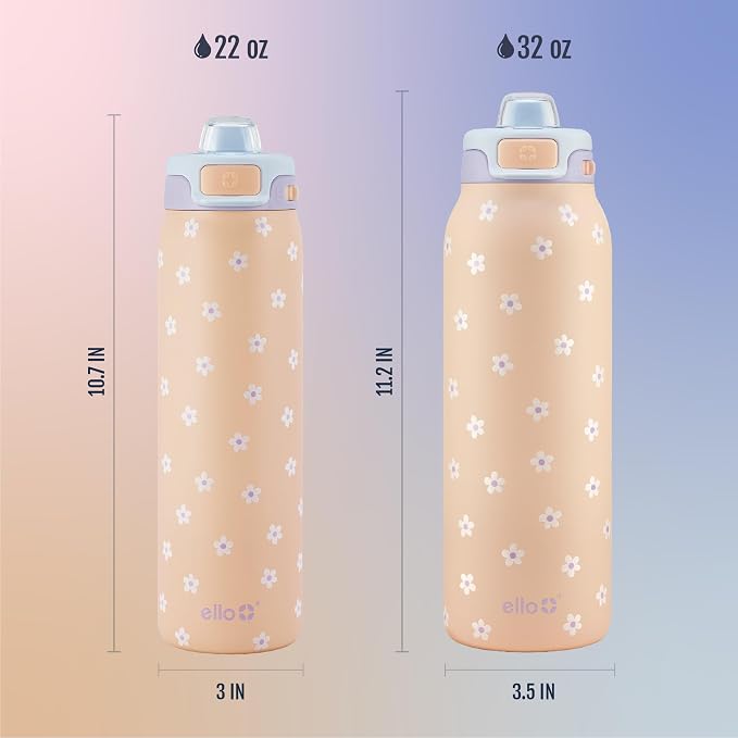 Ello Pop & Fill Insulated Stainless Steel Water Bottle with Quick Fill Lid, Leakproof Locking, Sip or Chug Spout, BPA-Free, Double Wall Vacuum Insulated for Sports, Travel & School- 22oz / 32oz / 40oz
