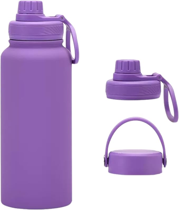 32 oz Insulated Metal Mens Water Bottle | Purple, Stainless Steel, 1 Liter, Leakproof, 2 Lids, Large Sports Water Bottle for Gym,Hiking