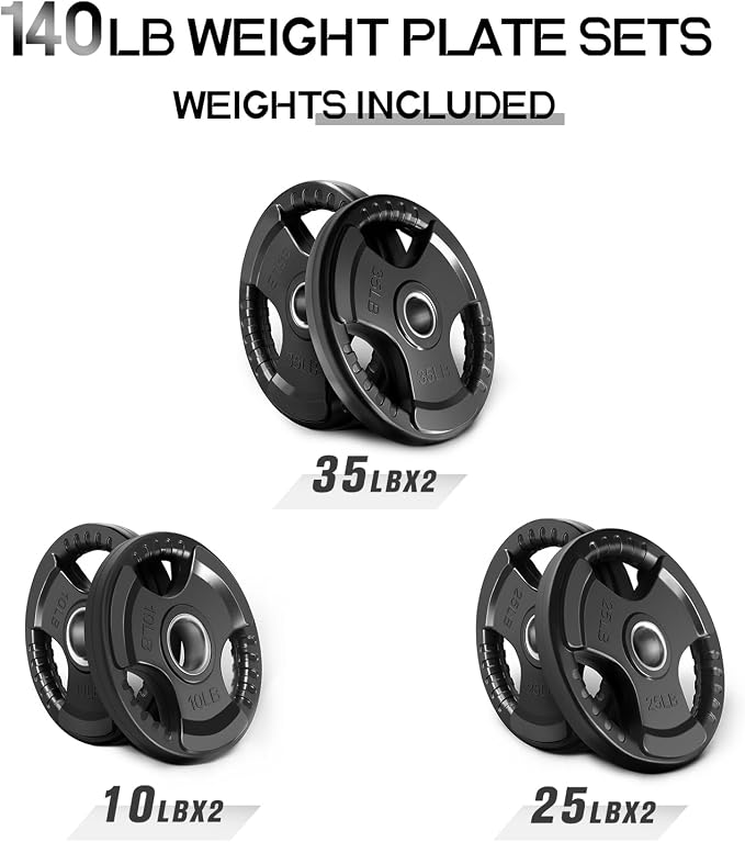RitFit Olympic Rubber Grip Weight Plates, 2-Inch Barbell Set | Solid Iron Core, Rubber Coated, 2-Inch Olympic Bar Compatible, 3-Hole Grip, 2.5LB to 45LB Weight Options