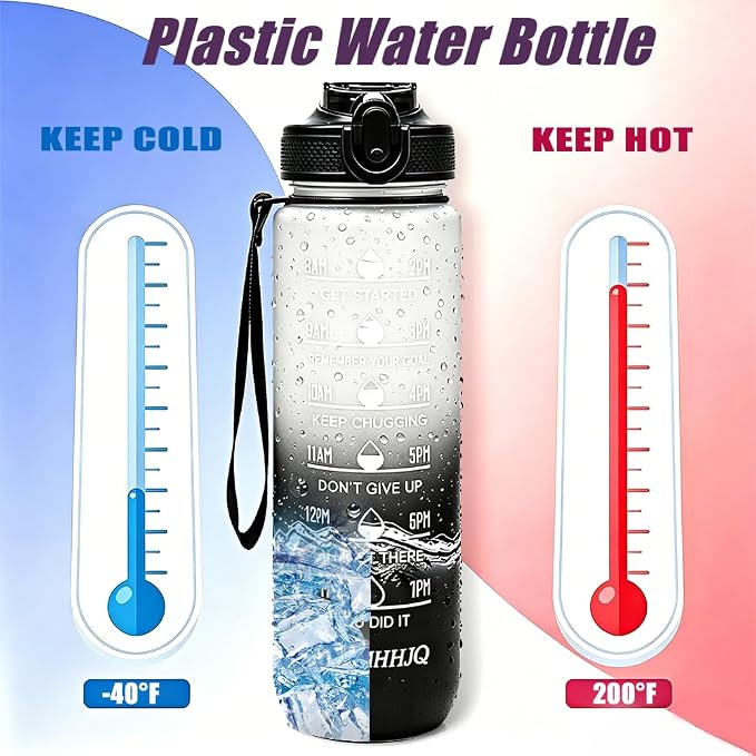 32oz Sports Water Bottle Outdoor, with Drinking Time and Capacity Labels, Sport Water Cups with Straw,BPA Free Leak Proof,for Fitness Gym Running Climbing (Grey black)