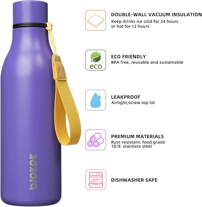 BJPKPK 18oz Insulated Water Bottle, Stainless Steel Bottle with Carry Strap | Keep Cold & Hot Vacuum Insulation, Leak-Proof BPA-Free Design, Slim Bottle Fits Most Cup Holders for Gym, Office & Travel