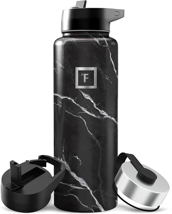 IRON °FLASK 40 oz Wide Mouth Water Bottle with 3 Lids | Insulated Stainless Steel Sports Water Bottle with 3 Leakproof Lids - BPA Free, Cold 24 Hrs, Sweat Free (Black Marquina)