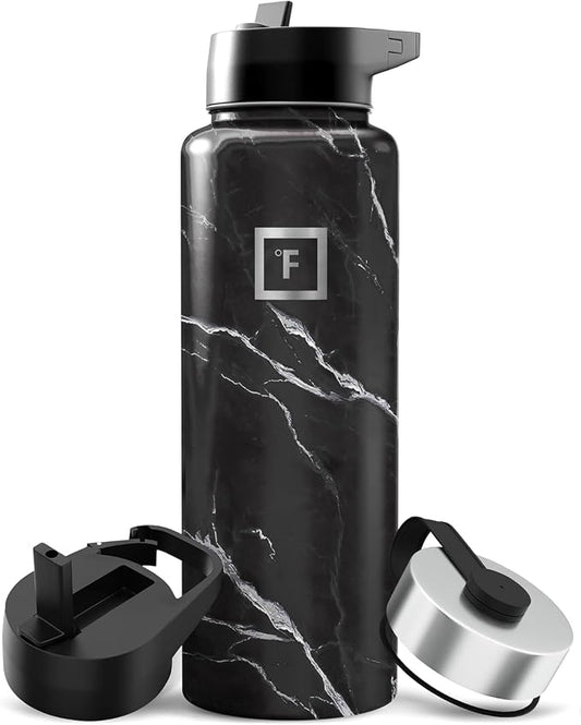 IRON °FLASK 40 oz Wide Mouth Water Bottle with 3 Lids | Insulated Stainless Steel Sports Water Bottle with 3 Leakproof Lids - BPA Free, Cold 24 Hrs, Sweat Free (Black Marquina)