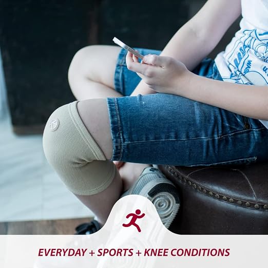 KARM Kids Knee Brace Sleeve - Youth Knee Compression Sleeve for Kids, Child - Support for Pain, Sports, Football, Basketball, Gymnastics, Recovery, Boys & Girls (Beige)