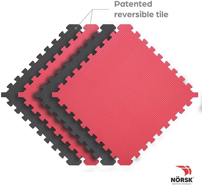 Reversible Gym Exercise Mats 3/4" Thick EVA Interlocking Foam Tiles, Perfect Gym Flooring for Home Gym, 4 Tiles & 8 Trim Pieces, 16 Sq. Ft. 24"x24", Red/Black