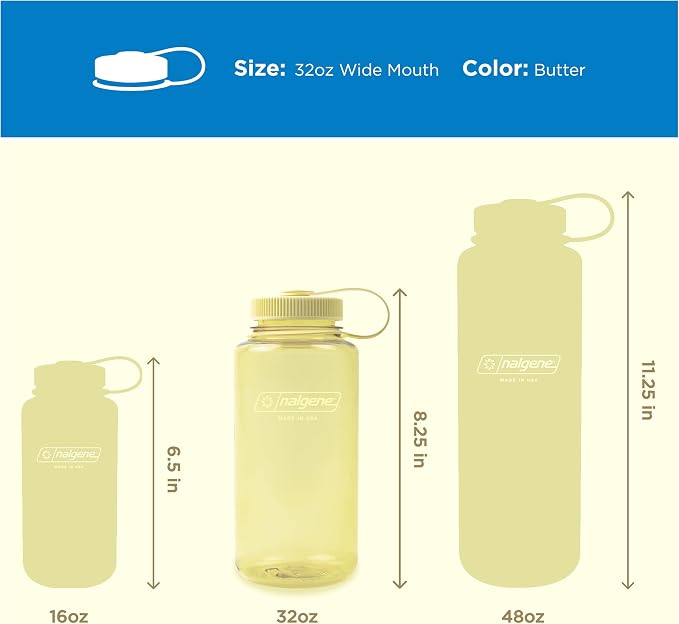 Nalgene 32 oz Wide Mouth Water Bottle, Butter | BPA-Free, Durable & Lightweight, Leak Proof, Dishwasher Safe, Large Reusable Plastic Bottle for Hiking, Gym, Work & Travel
