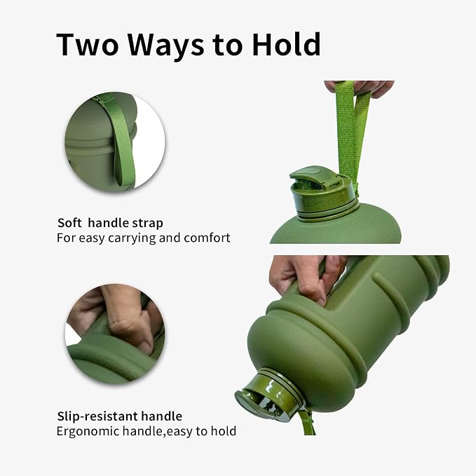 TOOFEEL 2.2 Liters Gym Big Sports Water Bottles for Men - Reusable BPA Free Plastic Clear Water Jug - Unique Water Bottles, Comfurtable to Touch and Easy to Clearn - Matte Olive Water Boottle