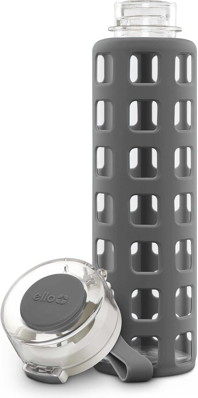 Ello Syndicate Glass Water Bottle with One-Touch Flip Lid, Grey , 20-ounce | Glass water bottle for iced drinks with leakproof flip lid, silicone sleeve, carry loop, BPA-free, and dishwasher safe