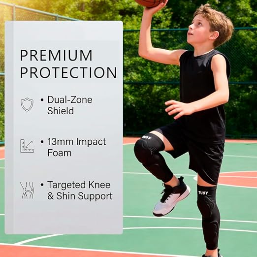 Padded Knee & Shin Guards, Compression Junior Youth Proslide Leg Sleeve Pads, Sliding Anti-Slip Breathable Foam Padding Knee Brace for Football & Multi-Sport (1 Pair)