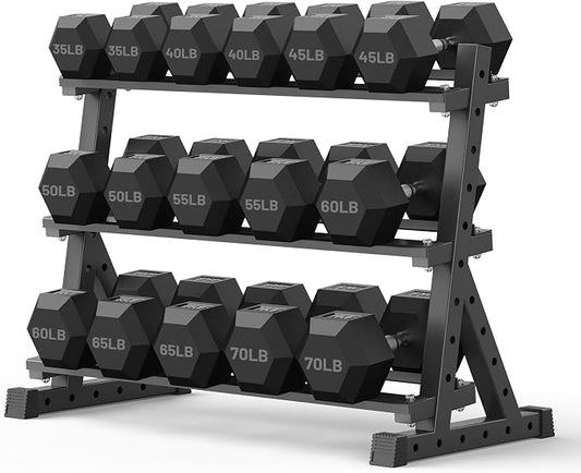 PAPABABE Dumbbell Set with Rack Dumbbells Rubber Encased Home Gym | PAPABABE Complete & Durable Cast Iron Core Odorless PVC Antiroll Hex Shape Ergonomic Chrome Handle Versatile Home Gym