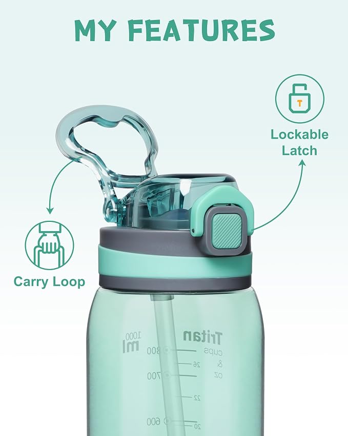 Opard Peak 1000 ml/32 oz Water Bottle with Straw Cap, BPA-Free, Leak Proof Flip Top Bottle