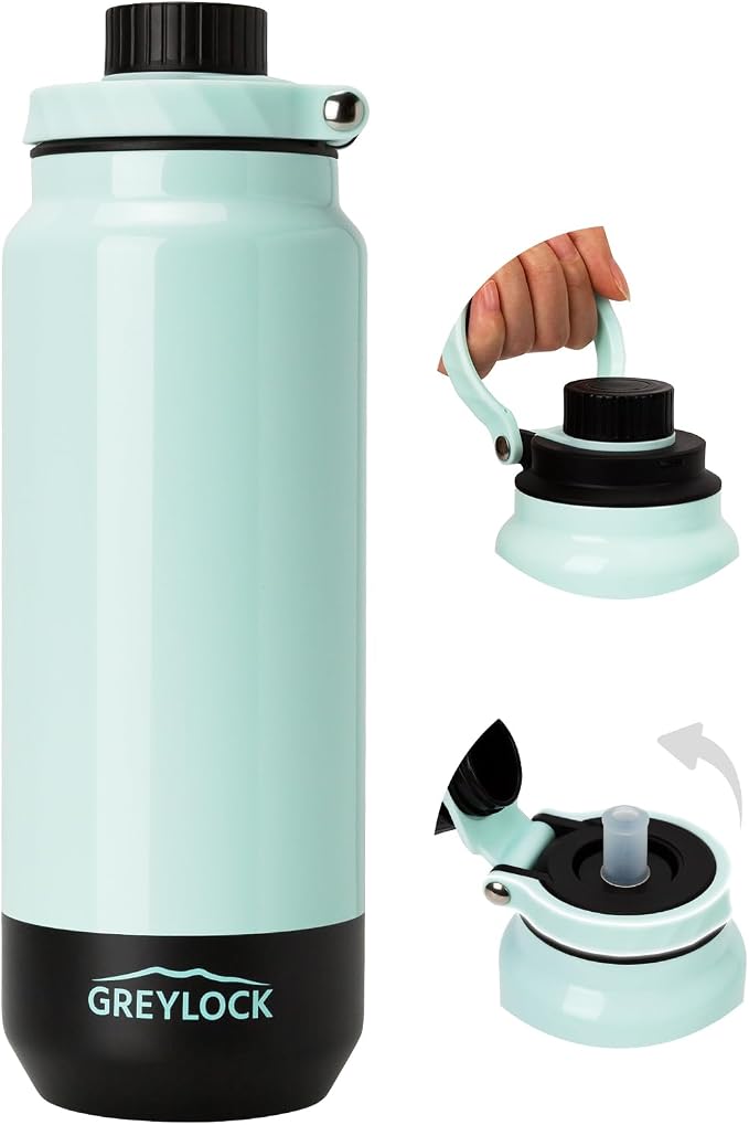 GREYLOCK 32 oz Insulated Water Bottle with Straw Lid, Leakproof Reusable Stainless Steel Vacuum Flask, 24hr Cold & Hot, Carry Handle & Silicone Spout, BPA-Free for Gym, Hiking, Travel,Teal