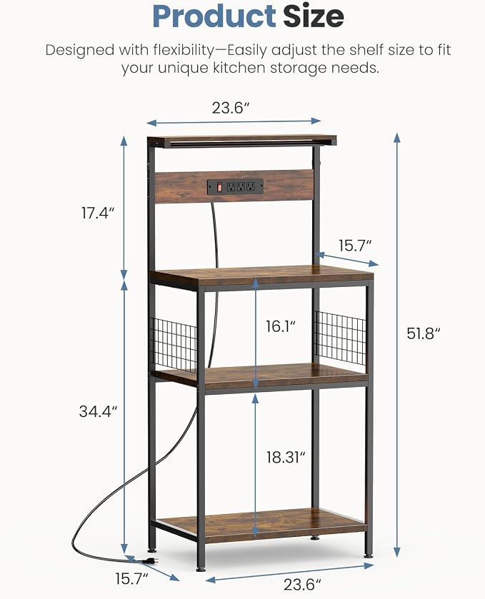 DUMOS 23.6" Bakers Rack with Power Outlet for Kitchen Organization | Microwave Stand with 3 AC Outlets, On/Off Switch and 6.5ft Power Cord, 3 Open Tiers and Adjustable Middle Shelf, Brown