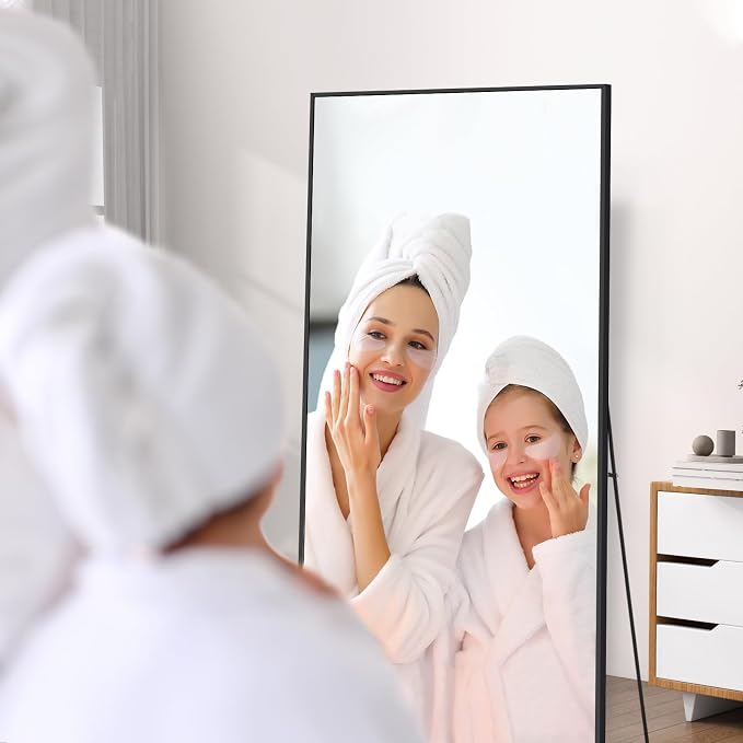 56"x18" Full Length Mirror, Black Floor Mirror with Stand | Rectangular, Hanging or Leaning Against Wall, Aluminum Alloy Frame, Tempered Glass, for Bedroom Living Room Dorm