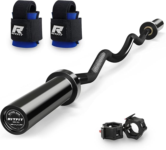 RitFit 2 Inch EZ Curl Bar Olympic Barbell with Weight Plates & Collar | 4FT EZ Curl Bar with 35LB Weight Plates, Collars for Bicep, Tricep Workout, Weightlifting, 350LBS Weight Capacity