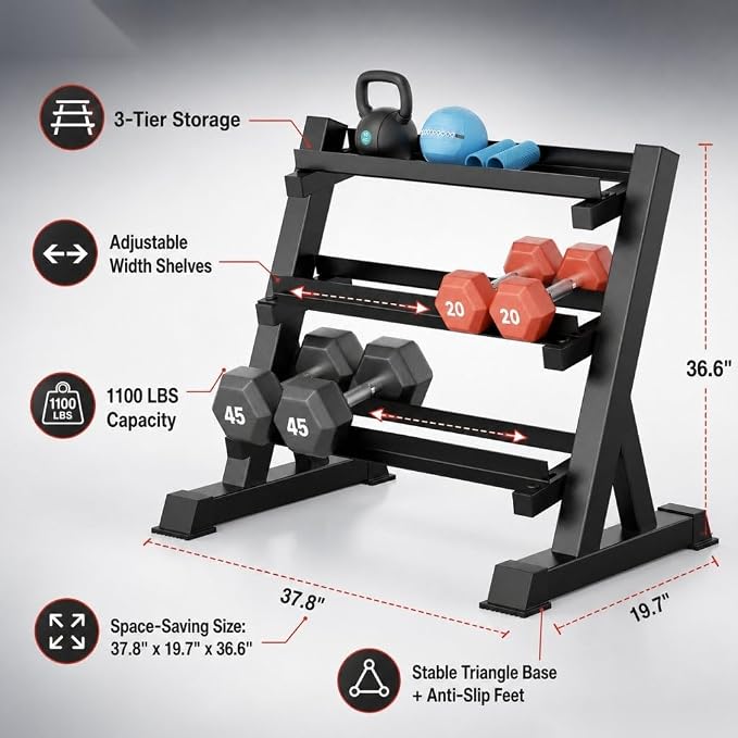 YOLEO Dumbbell Rack Stand Only, 1100LBS Heavy Duty Weight Rack for Home Gym, Adjustable 3-Tier Weight Storage Rack for Dumbbells, Barbells, Kettlebells & Weight Plates, Compact Workout Equipment Organizer