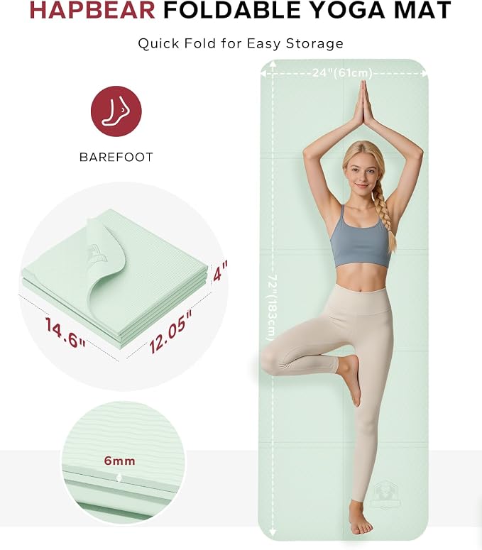HAPBEAR Foldable Yoga Mat - 72"x24"x0.24" (6mm), Non-Slip TPE Exercise Mat | Ideal for Home Workout, Yoga, Pilates, Stretching & Travel, Durable & Eco-Friendly, Includes Carry Bag