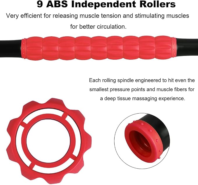 YANSYI Professional 9-Roller Deep Tissue Massage Stick - Portable Muscle Recovery Roller for Athletes, Relieves Post-Workout Soreness & Leg/Back Pain - Portable Physio Tool (Red)