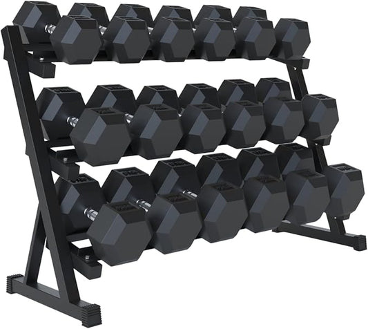 Rubber Hex Dumbbell Set with Rack, 8/10/12/15/20 Pair (450/550/780/1200/1550/2100 lbs total) Weight Rack with Dumbbells for Home Gym & Strength Training