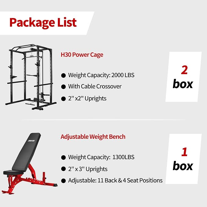 JEEKEE Power Rack with LAT Pulldown, 2000LBS Power Cage with Cable System, Multi-Function Squat Rack with J-Hooks, Safety Bars, Landmine, Pull Up Bar & Attachments for Home Gym Strength Training,Black
